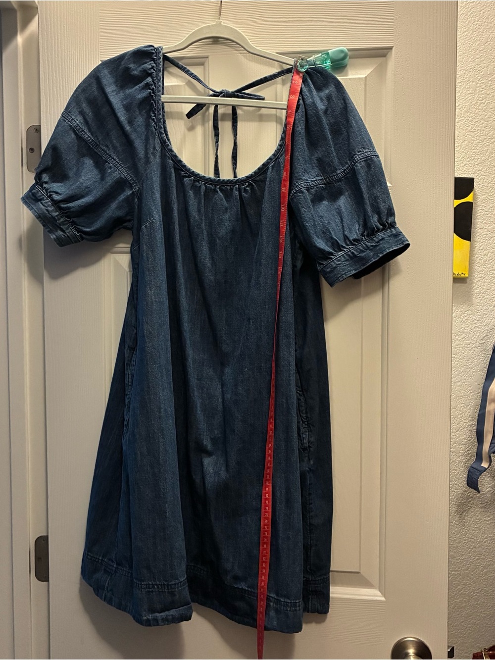 Dark Blue Denim Puff-Sleeve Tunic with Tie-Back